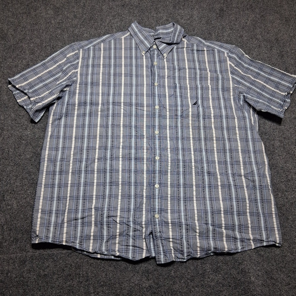 Nautica Men's Size 2X‎ White & Blue Striped Button Down Shirt Yacht Rock Boating